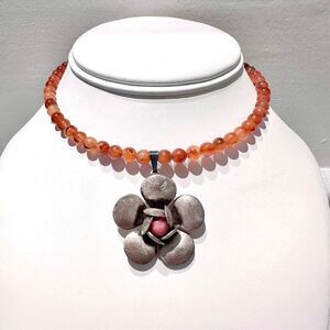 Bonni J Carnelian Beaded Flower Pendant Adjustable Wire Choker Necklace